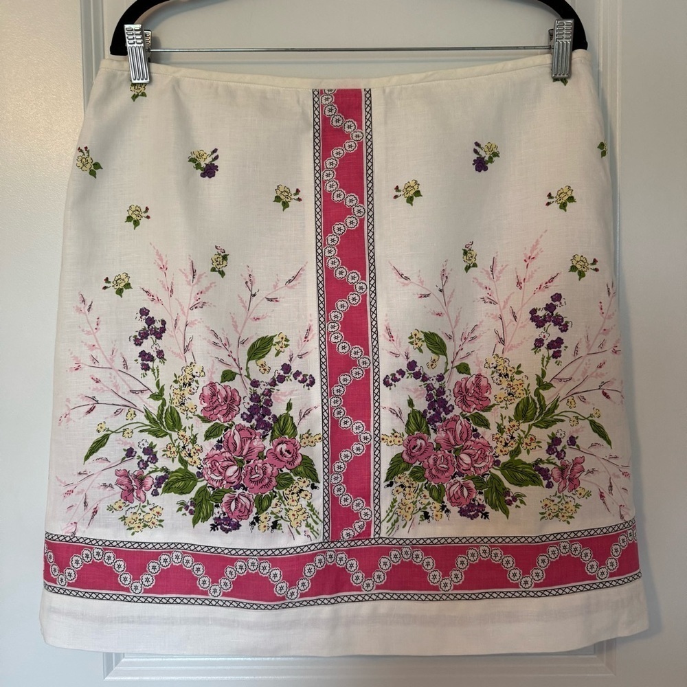 LOFT Floral White and Pink 100% Linen Skirt Size 14 Petite
